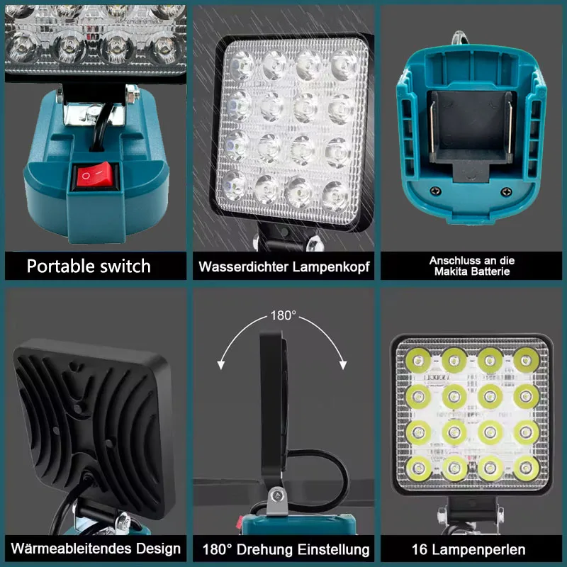 Luz LED de trabajo inalámbrica para Makita, batería de iones de litio de 18V, herramienta de emergencia portátil, linterna de Camping, focos con interruptor