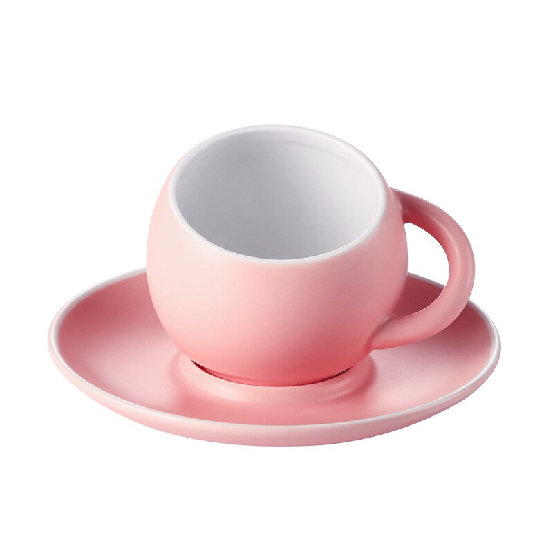 Taza de café esférica y platillos de cerámica para el hogar, tazas de té de porcelana de Color sólido mate hechas a mano, de para beber en el hogar: M01  Pink