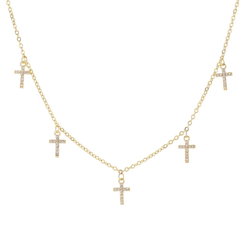 Trendy cubic zirconia fem kryds vedhæng halskæde guld og sølv farve kæde halskæde til kvinder koreanske smykker: 18k