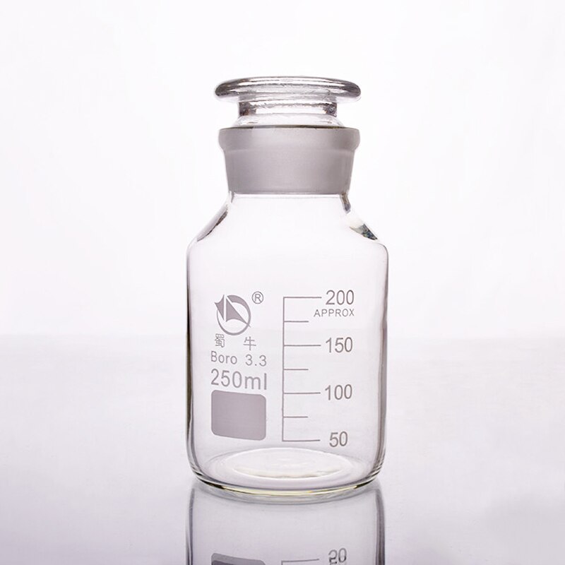 Reagensfles, brede opening, helder, bor . 3.3 glas, capaciteit 250ml, monsterflesjes