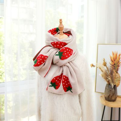 Koreansk efterår og vinter tørklæde mænd og kvinder par langt stort blødt udendørs tørklæde varmt jordbærprint udendørs sjal: Beige