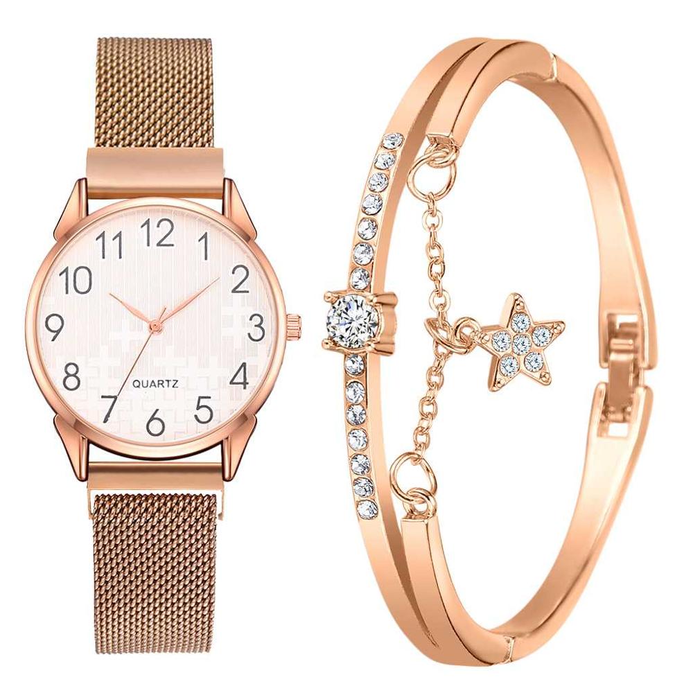 Ensemble de 2 montres pour femmes avec bracelet en maille magnétique et aimant en or, montres à quartz à chiffres arabes pour femmes: Ensemble en or rose