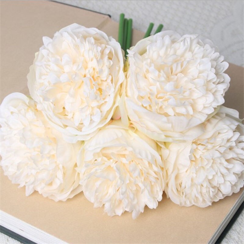 YO CHO Mode Bruid Hand Bloemen Mooie Pioen Bruidsboeketten Kunstmatige Rose Zijden Bloemen DIY Boeket Witte Pioen Rode Roos: beige white