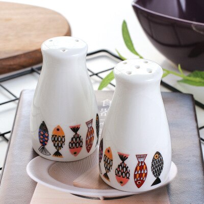 Estilo europeo, pez azul danés, botella de especias de cerámica con 3 agujeros y 5 orificios, suministros de cocina casera, pimienta, comino, barbacoa, botella de condimento: One pair