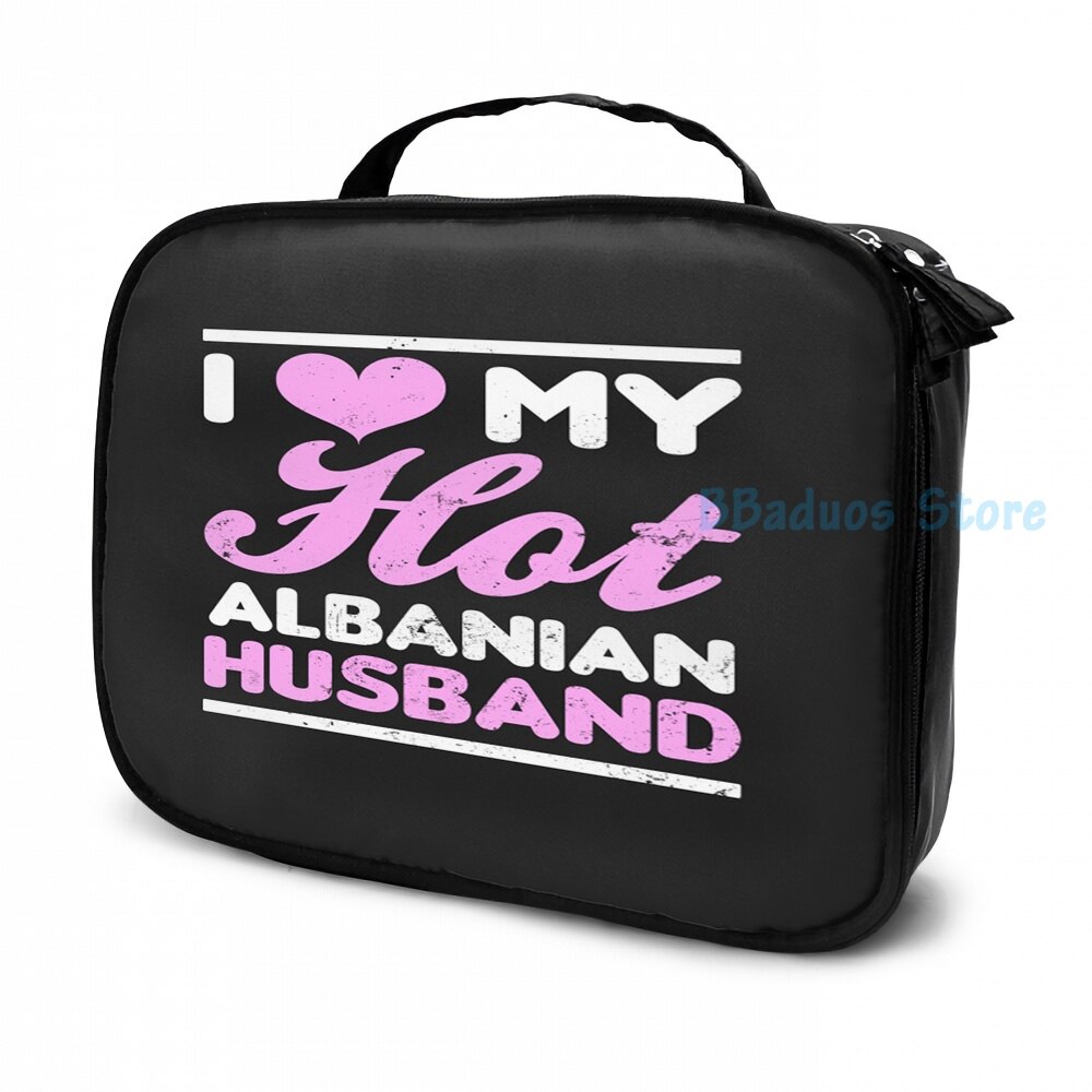 Funny Graphic print Albania Shirt Love My Husband USB Charge Backpack men School bags Women bag Travel laptop bag: Cosmetic bag