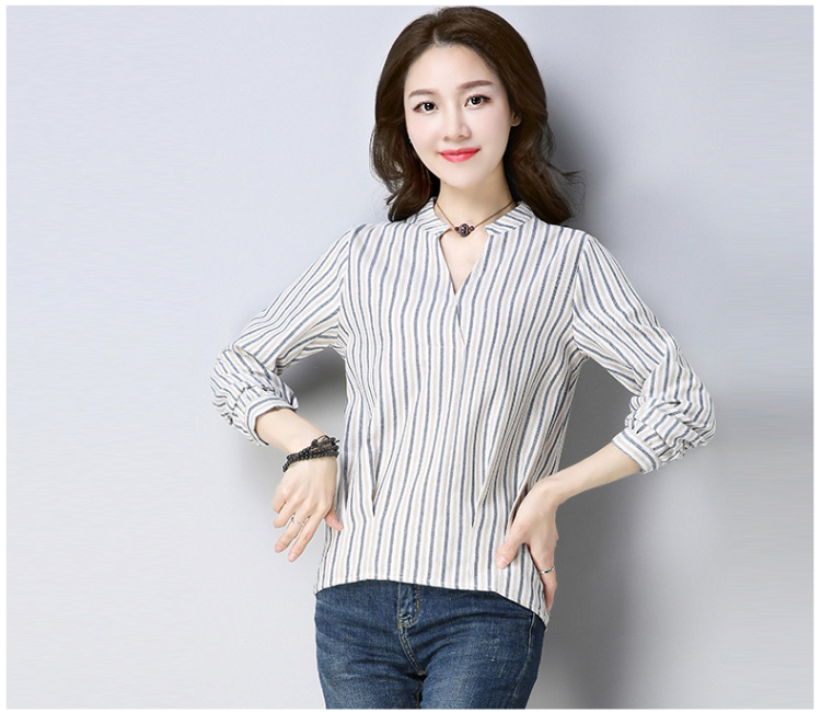 Nueva camisa de manga larga a rayas para oficina para mujer, blusa a la con cuello en V, blusas para mujer, ropa de algodón y lino D813 30