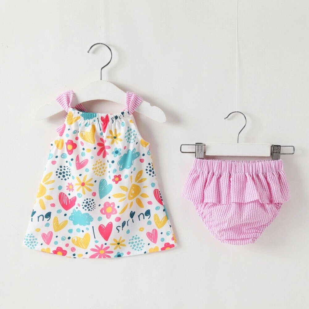 Bébé Été 2 Pièces Vêtements -Né Enfant En Bas Âge Bébé Filles Tenues Florales Couverture En Coton Robe + PP RAYÉ Shorts Ensembles