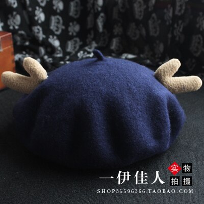 Japanse afdeling complex gubei lei hoed dames herfst en winter zuiver wol mooie gewei kersthoed schildershoed knop baret: Marineblauw