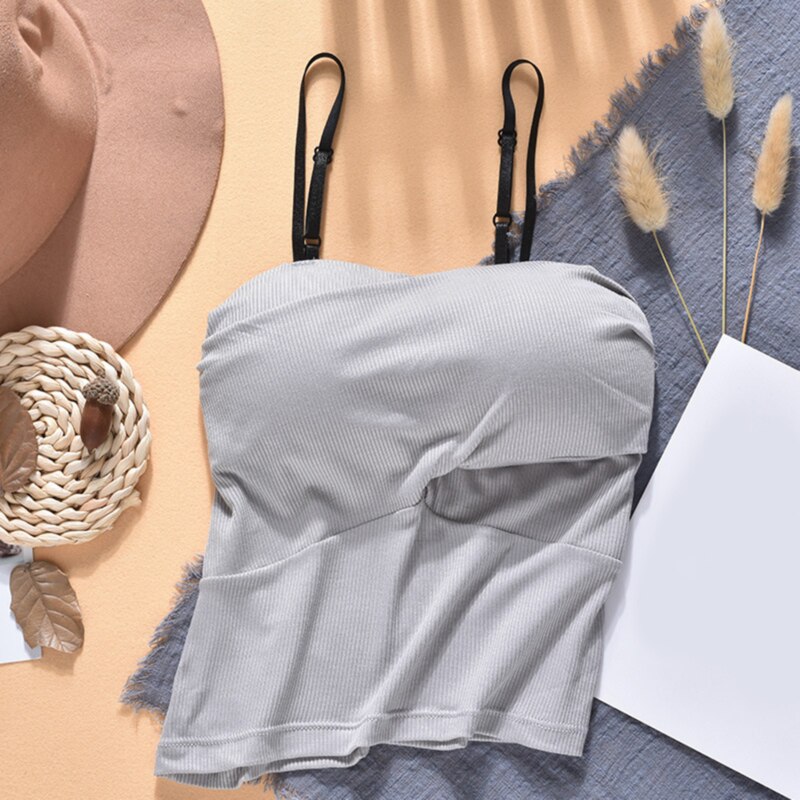 Sexig kvinnaväst sommar enfärgad slimmad crop top ärmlös sele kort stötsäker push-up väst för kvinnor: Grå