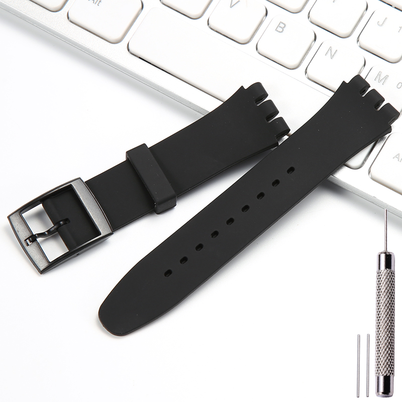 Correa de reloj de silicona de 17 19 y 20mm adecuada para correa de reloj SWATCH, correa de repuesto suave para mujeres y niños, pulsera impermeable con herramienta: Negro / 17 mm