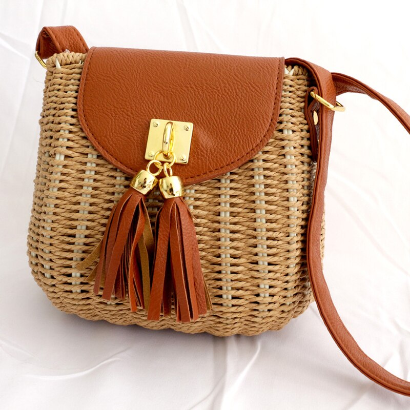 Bolso de playa de paja tejido, duradero para mujer, con borla, correa de cuero, bolso tejido hecho a mano, bolso de concha, bandolera para mujer