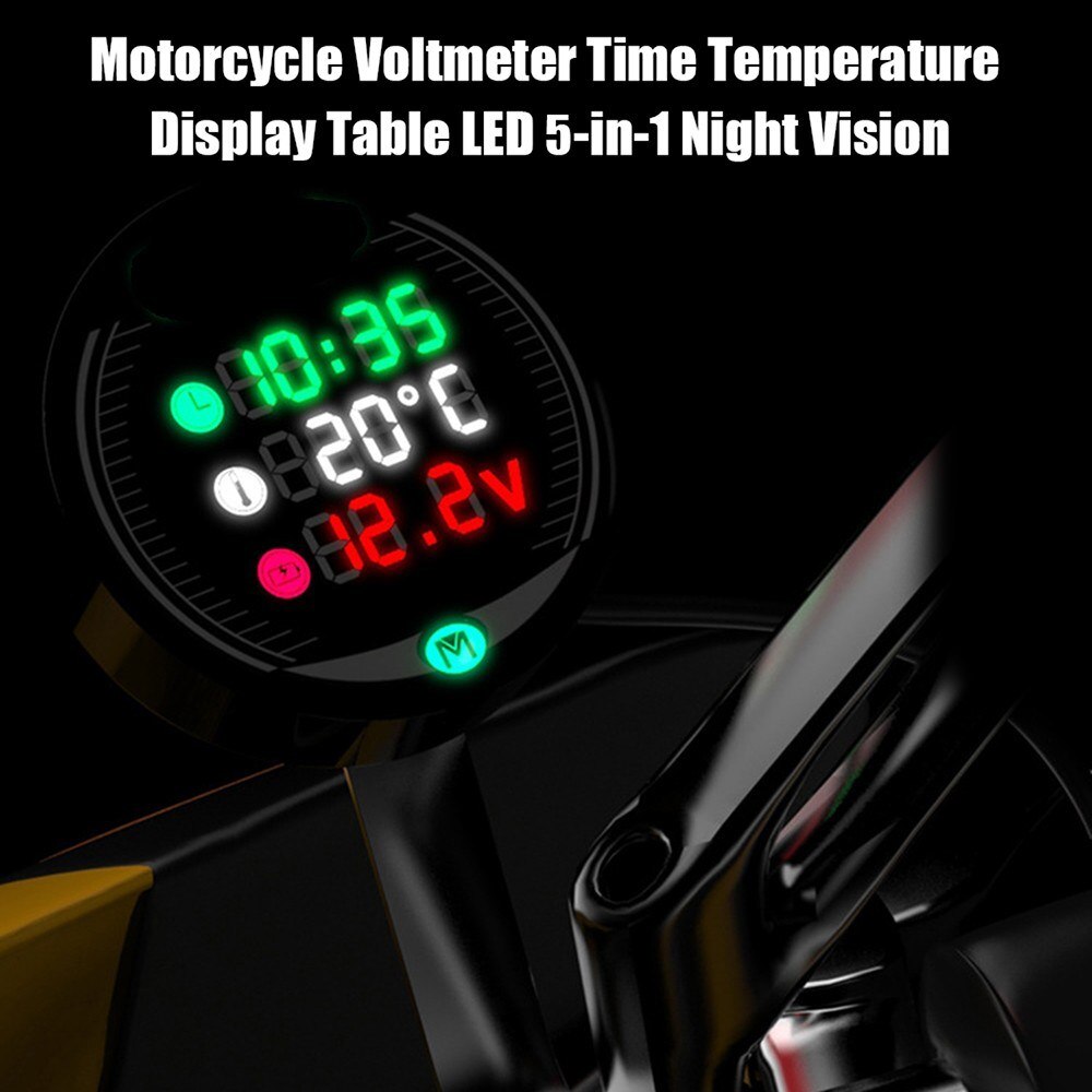 Voltmètre étanche pour moto | Tableau d'affichage de la température de la moto, 5-en-1 voltmètre de la température du temps de la moto