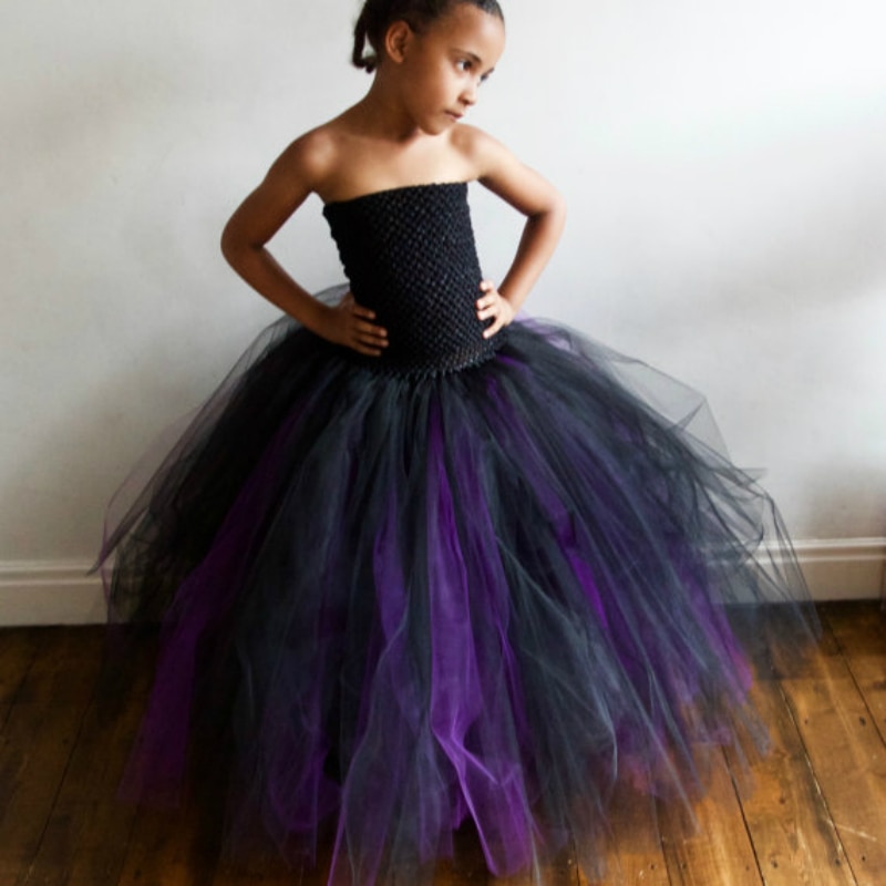 Robe Tutu pour filles, longue tenue de soirée avec Corset Crochet, noir, violet, tenue de bal, longue tenue de fête d'anniversaire, Costume de Banquet
