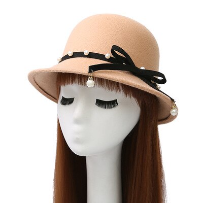 Mode Australische Wollen Fedora Hoed Strik Parel Hanger Noble Bowler Hoeden Voor Vrouwen Wide Brim Formele Kerk Cloche Hoed: 3
