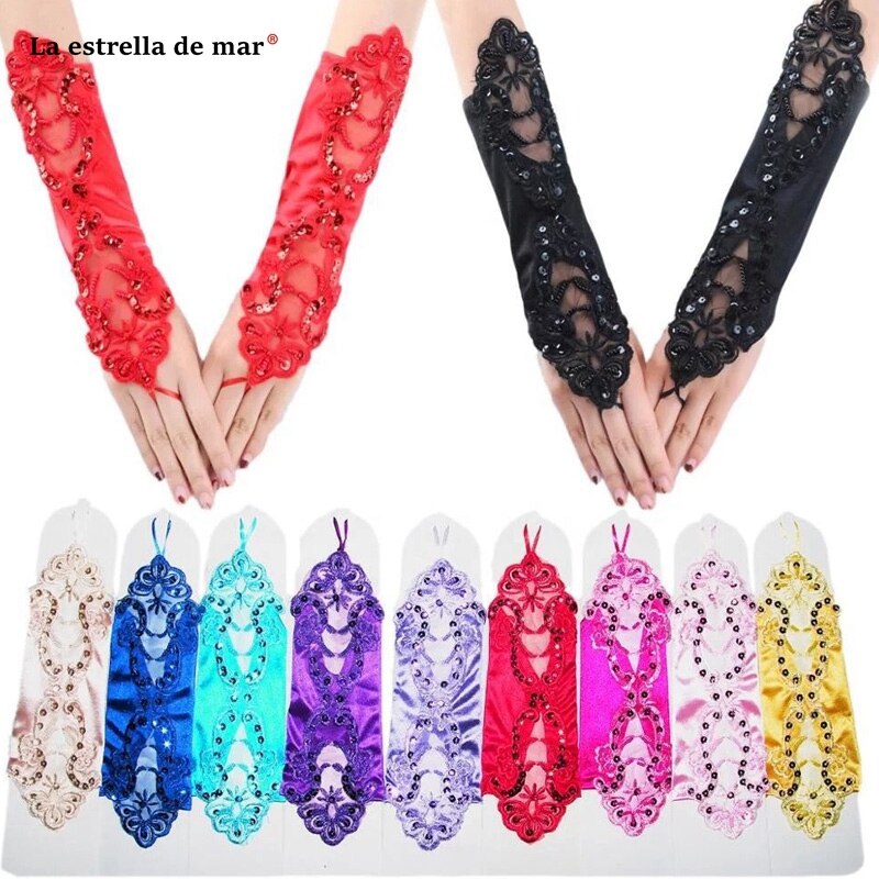 Gants de mariage pour mariée perle multicolore satin sans doigts mariée gants de mariage coude spot applique mariage perlé
