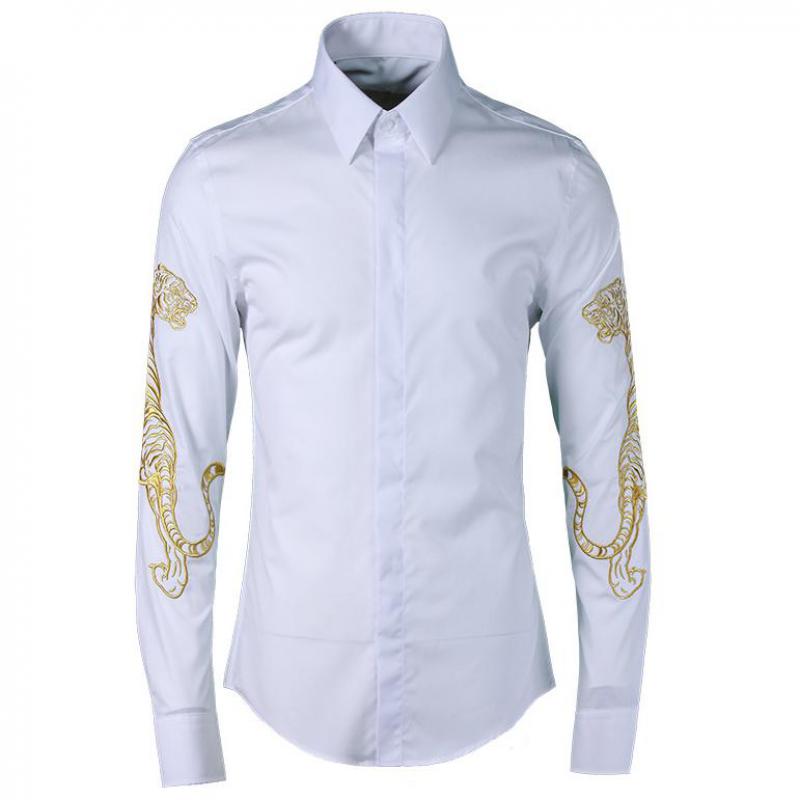Tiger Luxury Embroidered Mens Dress Plus Size 4XL Hand-painted Long Sleeve 100% Cotton Shirts Man