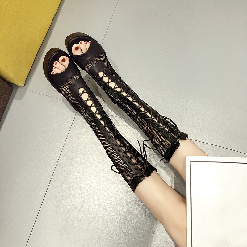 Ymechic Zomer Zwart Platform Laarzen Punk Gothic Lace Up Lange Kruis Gebonden Gladiator Sandalen Laarzen Vrouwelijke Wiggen Schoenen Zomer