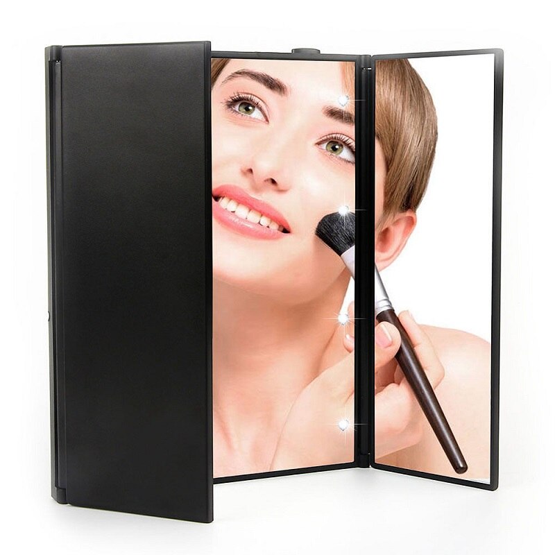 LED Cosmetic Mirror with Light Desktop Small Mirror Clear Portable Tri Fold Makeup Espejo Button Battery Bathroom Miroir