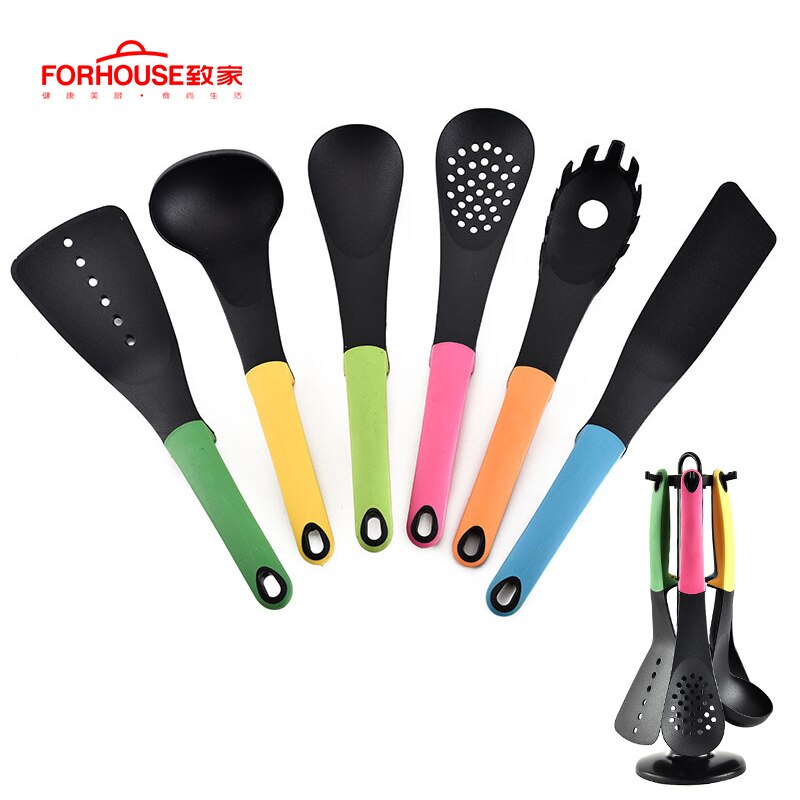 6 Pcs/Set Nylon Kitchenware Nonstick Spoon High Temperature Colorful Soup Handle Utensils Set Cooking Tools Kitchen Accessories