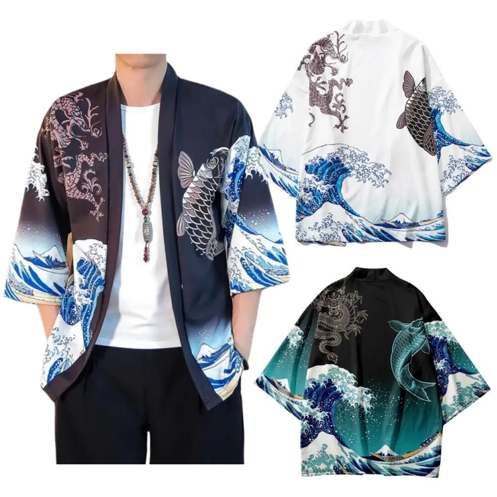 Herre sommer grøn bølget karpemønster kimono cardigan dame japansk traditionelt tøj plus size trykt strandfrakke