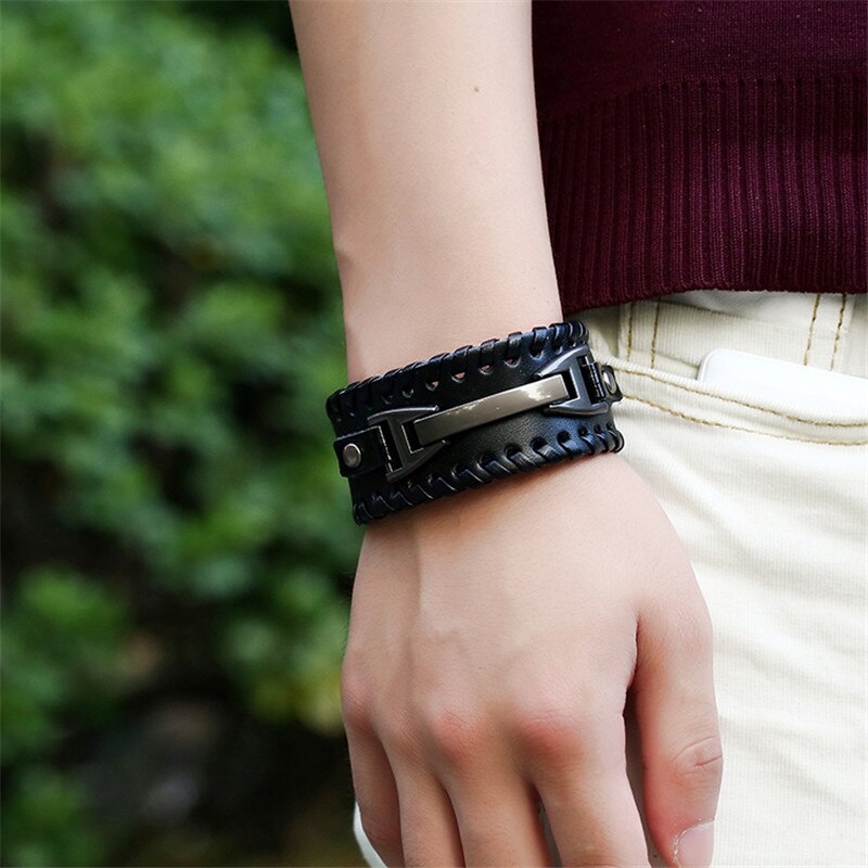 Zorcvens 2022 Vintage Punk Lederen Armband 2 Kleur Black &amp; Brown Gesp Multilayer Gevlochten Touw Armband Voor Mannen Sieraden