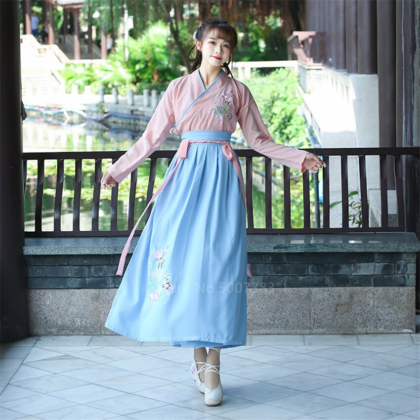 Ancient Woman Traditional Chinese Hanfu Dress Fairy Folk Dance Costume Embroidery Party Halloween Tang Clothing Set: Blue / M