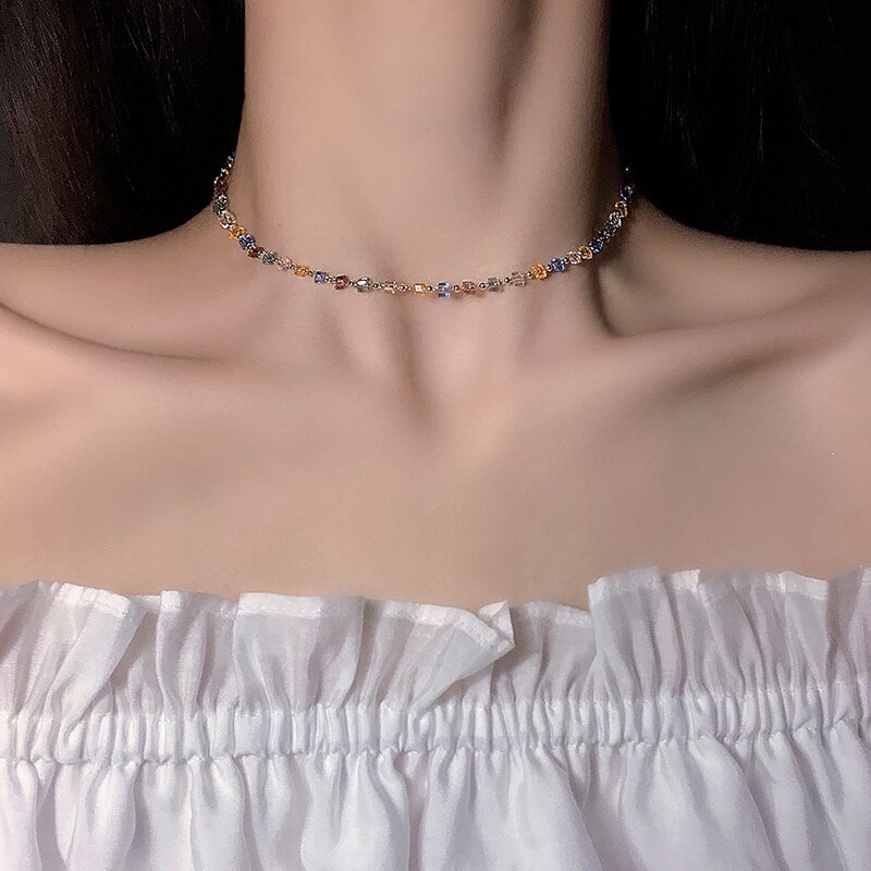 HangZhi Japan Korea Colorful Small Transparent Crystal Square Beaded Necklace Short Choker for Women Jewelry