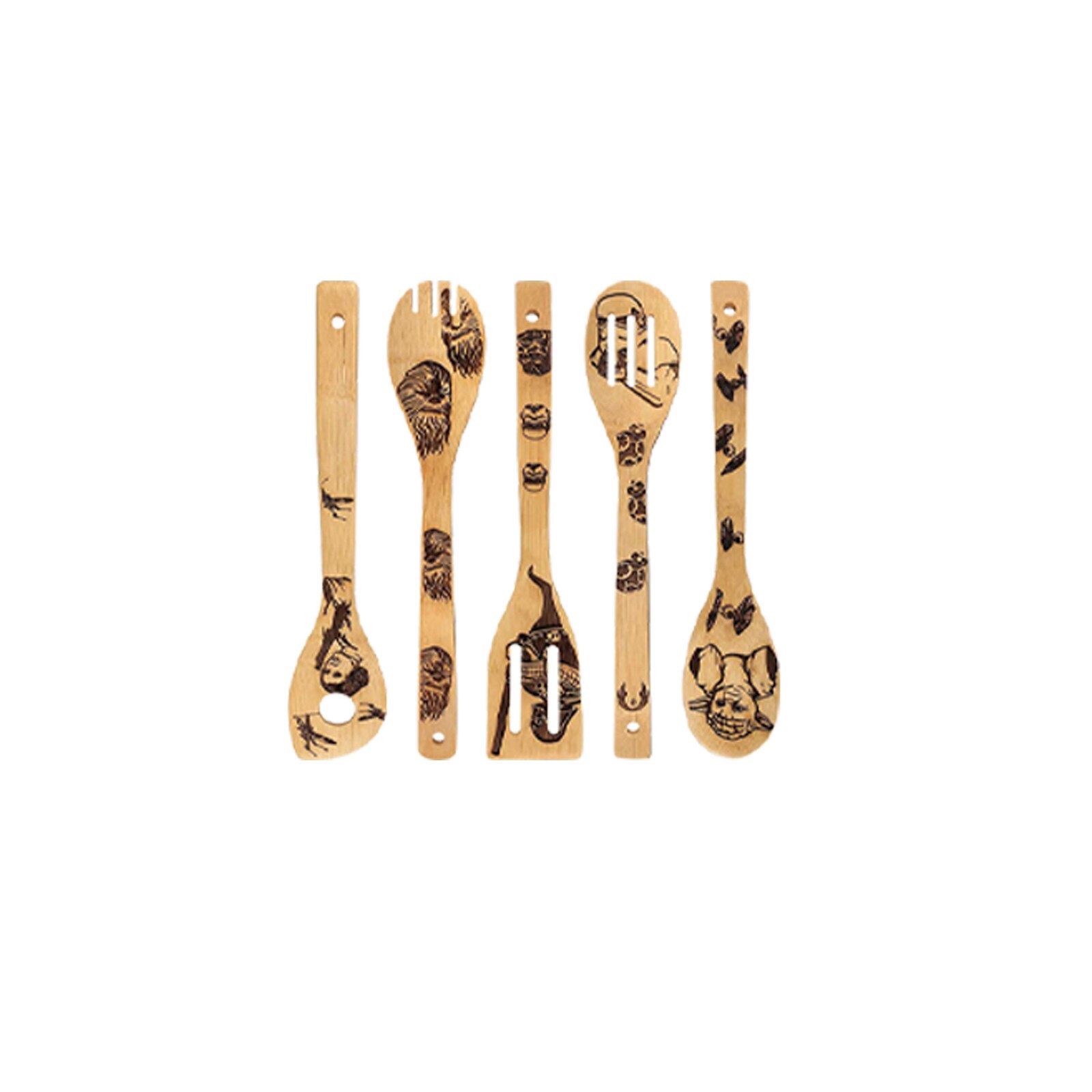 Spoon Bamboo Kitchen Cooking Utensil Tool Soup Teaspoon Catering For Kicthen Spoon 5pcs 3D Relief Pattern Carving With Wooden: B