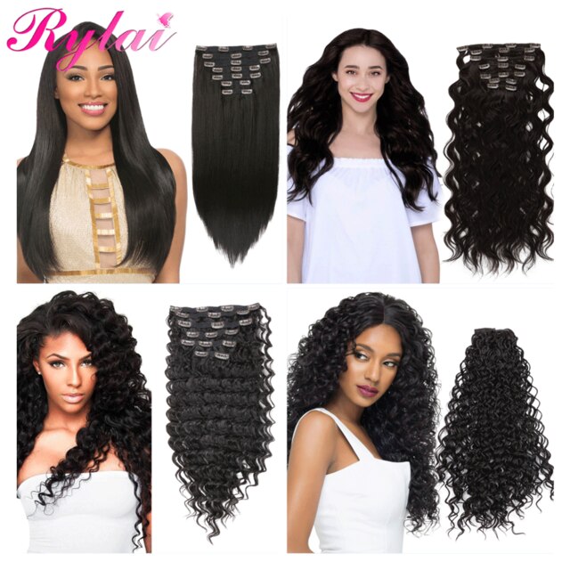 Long Kinky Curly Straight Clip In Hair Extensions Deep Natural Wave 140G 7Pcs/Lot Full Head Clip On Synthetic Hair By RYLAI: #2 / 22inchesKinky Curly