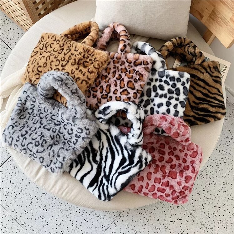 Leopardo impressão de pelúcia bolsa feminina na moda macio bolsa de ombro inverno quente correntes crossbody saco moda fofo menina bolsa de compras