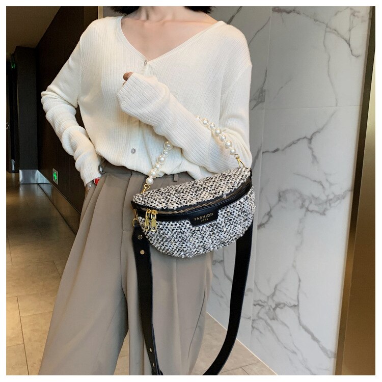 Przyczynowa perła przenośna saszetka na pasek sprawdź dużą pojemność pojedyncza torba na klatkę piersiowa sprawdź drukowanie łańcucha Woolens torba na ramię dla pani