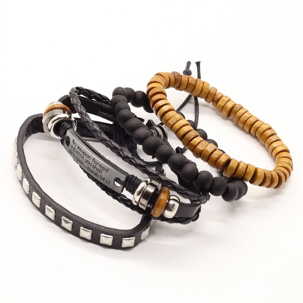 4 Stks/set Lion Cross Gitaar Charme Houten Kralen Mannen Lederen Armbanden Vrouwen Femme Homme Mannelijke Pulseras Sieraden