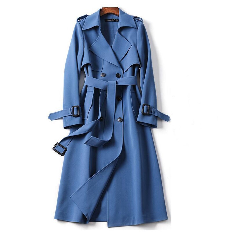 Windjack voor dames, winterjas, koreaanse trenchcoat voor dames, engelse stijl, lange trenchcoat met sjerpen: Blauw / S