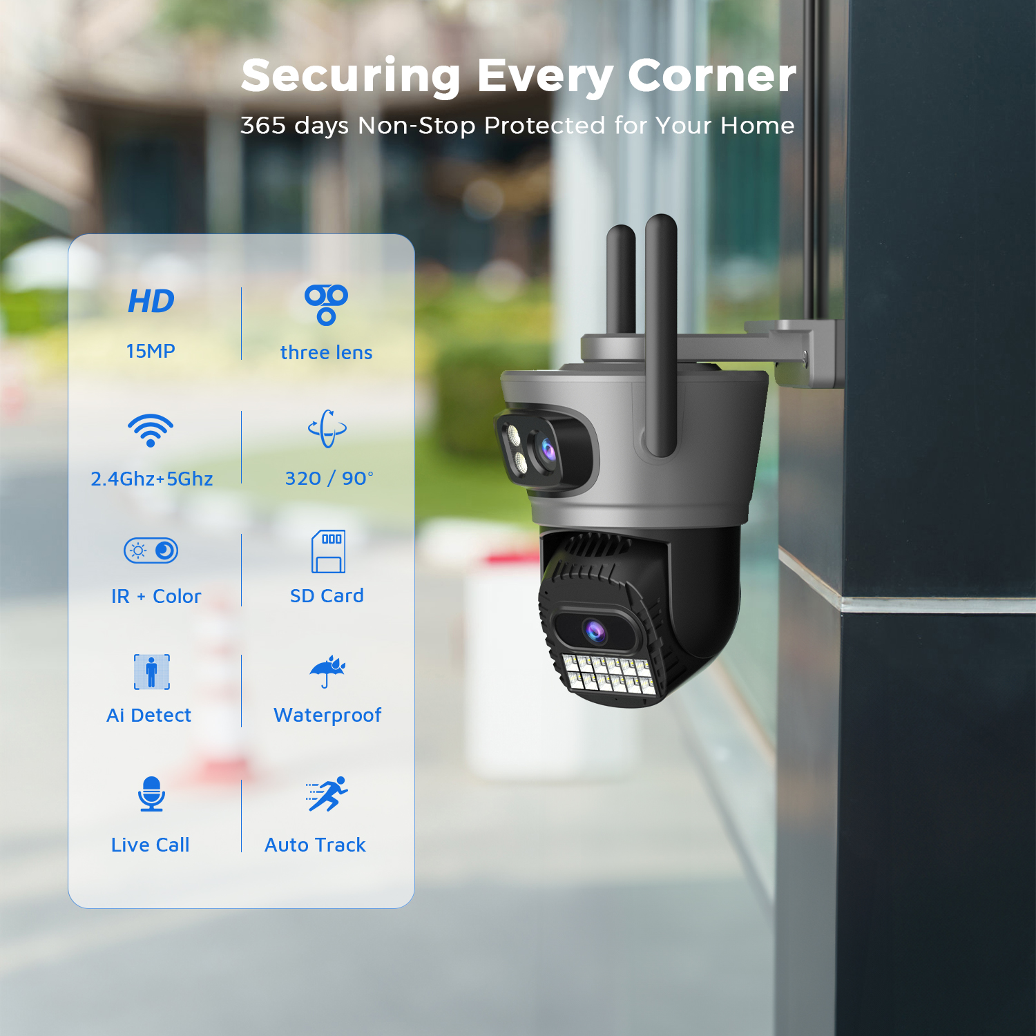 O-Kam Pro-Caméra de surveillance extérieure PTZ WiFi HD 15MP, dispositif de sécurité sans fil, avec suivi automatique et plusieurs écrans, n'aime numérique x10