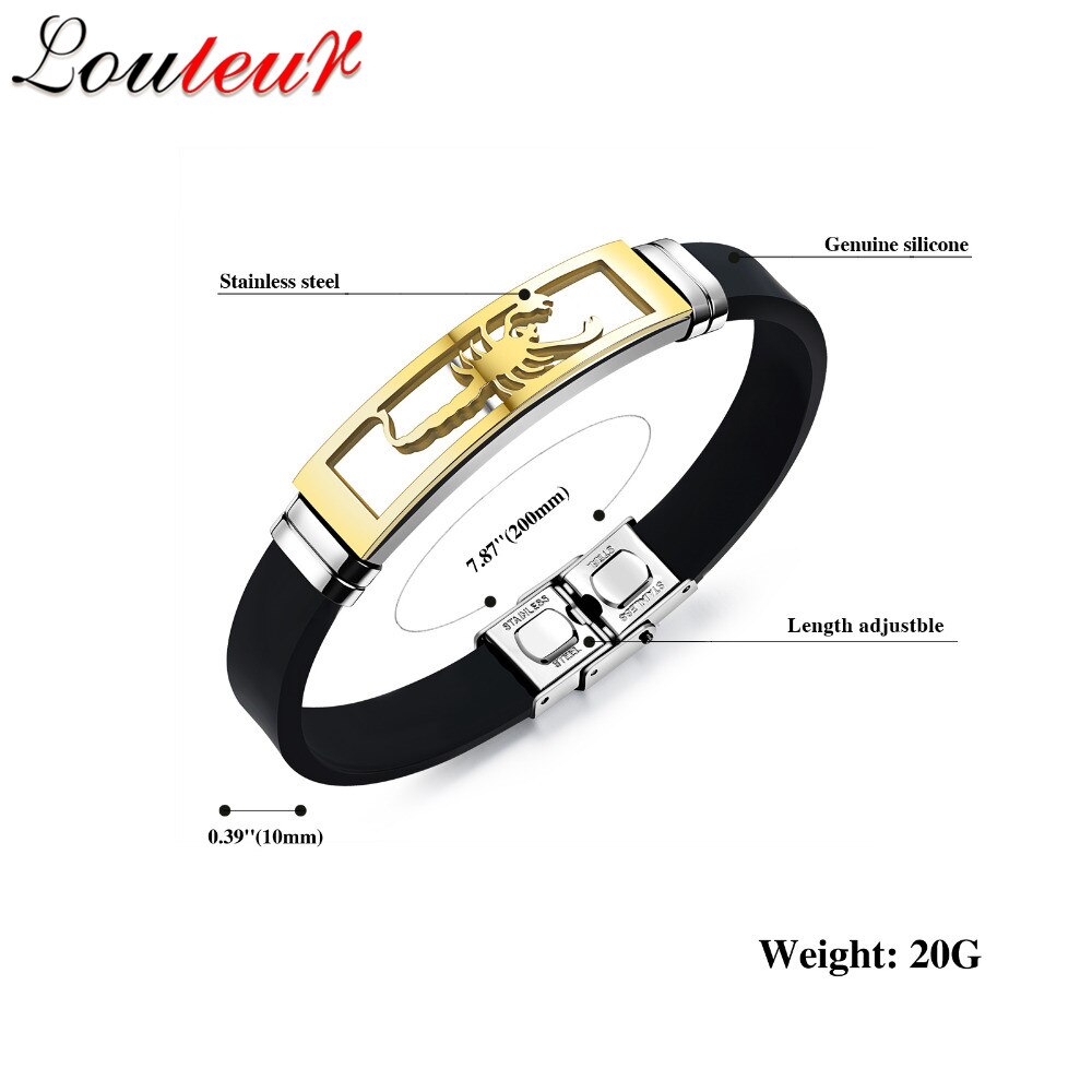 Louleur in Acciaio Inox Scorpione Zodiaco Braccialetto Degli Uomini Regolabile della Gomma di silicone braccialetto Braccialetti Degli Uomini Dei Monili Pulseras