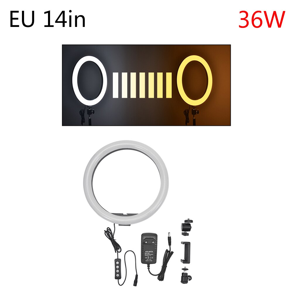 14" 5500K Dimmable LED Ring Light Diffuser MIRROR Stand Make Up Studio Dimmable Camera Phone Circle Led Selfie Ring: 14 EU