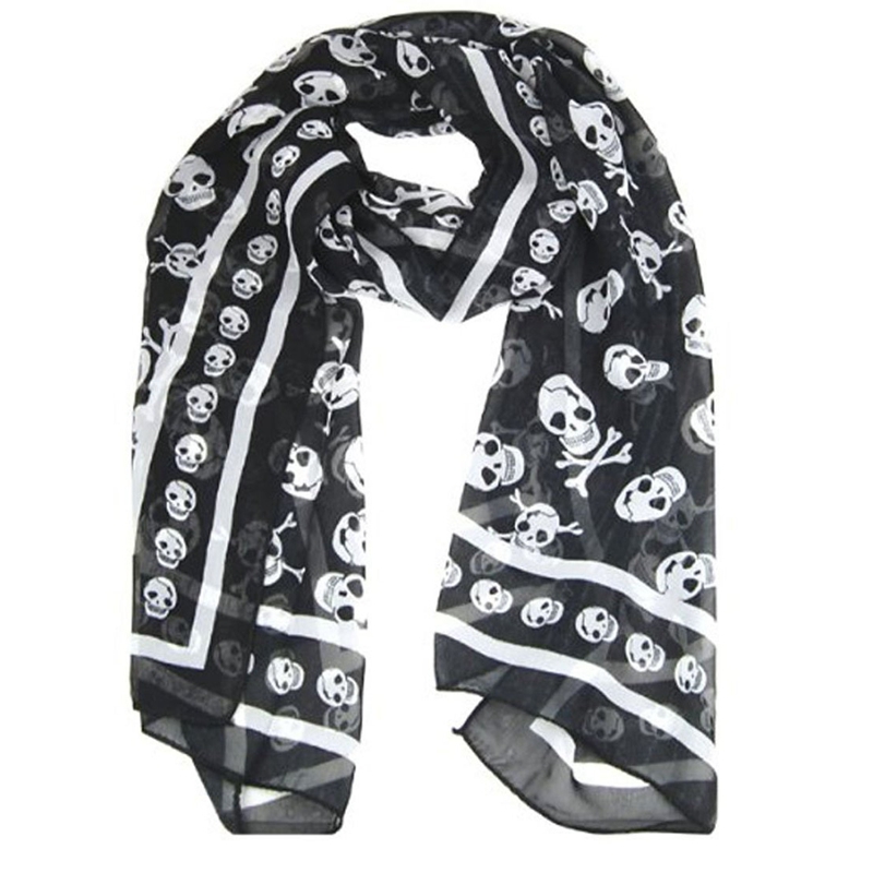 Sort chiffon silke følelse kranium print langt tørklæde sjal scaf wrap til kvinder + nøglering: Default Title
