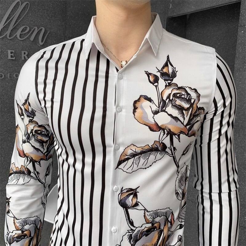 Efterår stribede skjorter til mænd slim fit streetwear afslappede skjorter langærmet blomsterskjorte camisa masculina business socialt tøj til mænd