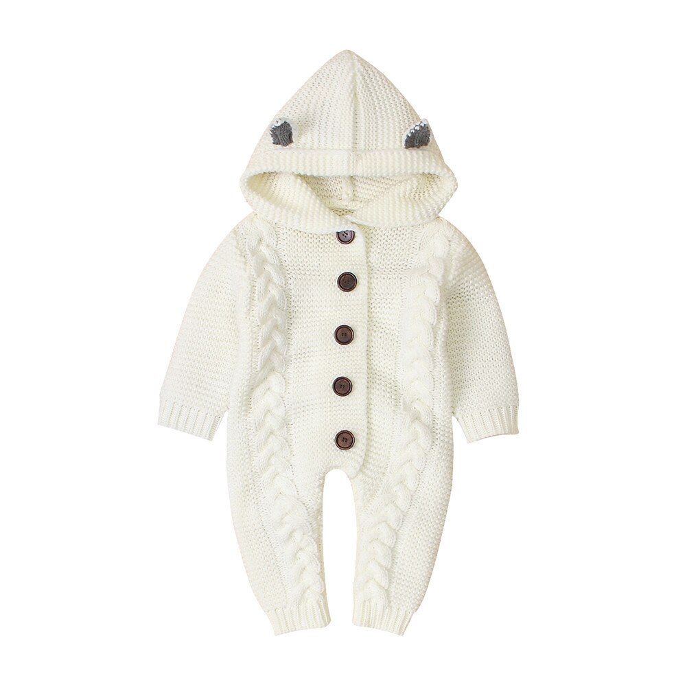 Focusnorm 0-24M Winter Baby Meisjes Jongens Rompertjes Knit Solid Hooded Lange Mouwen Single Breasted Warm Jumpsuits: WHITE / 12m