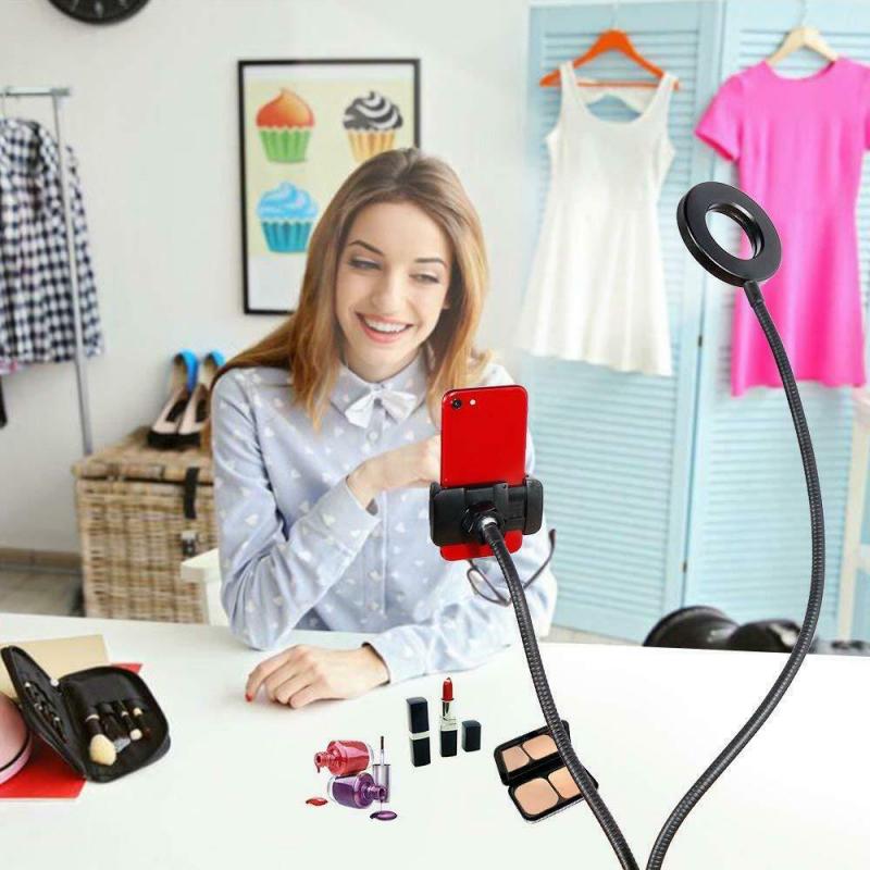 Dimmable LED Selfie Ring Light With Long Arm Lazy Mobile Phone Holder Bracket USB Selfie Ring Lights For Cell Phone Studio