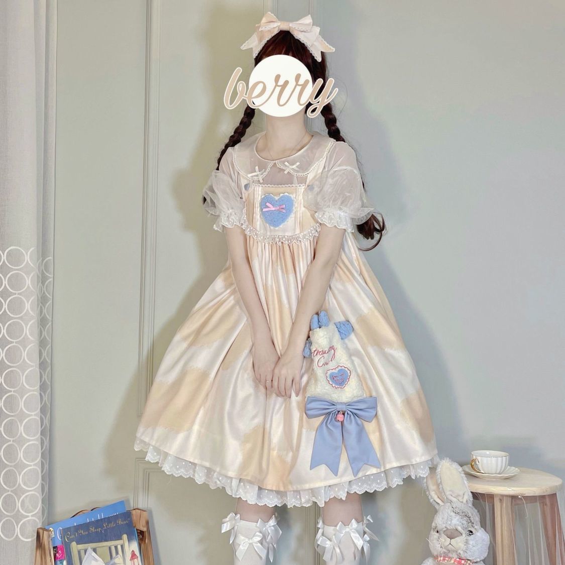 Hstar Pink Lolita Kawaii Milk Cake Cow Print Lolita Dress Jsk Japanese Tea Party Lolita Daily Princess Dress Multiple Colors: Orange Sleeveless