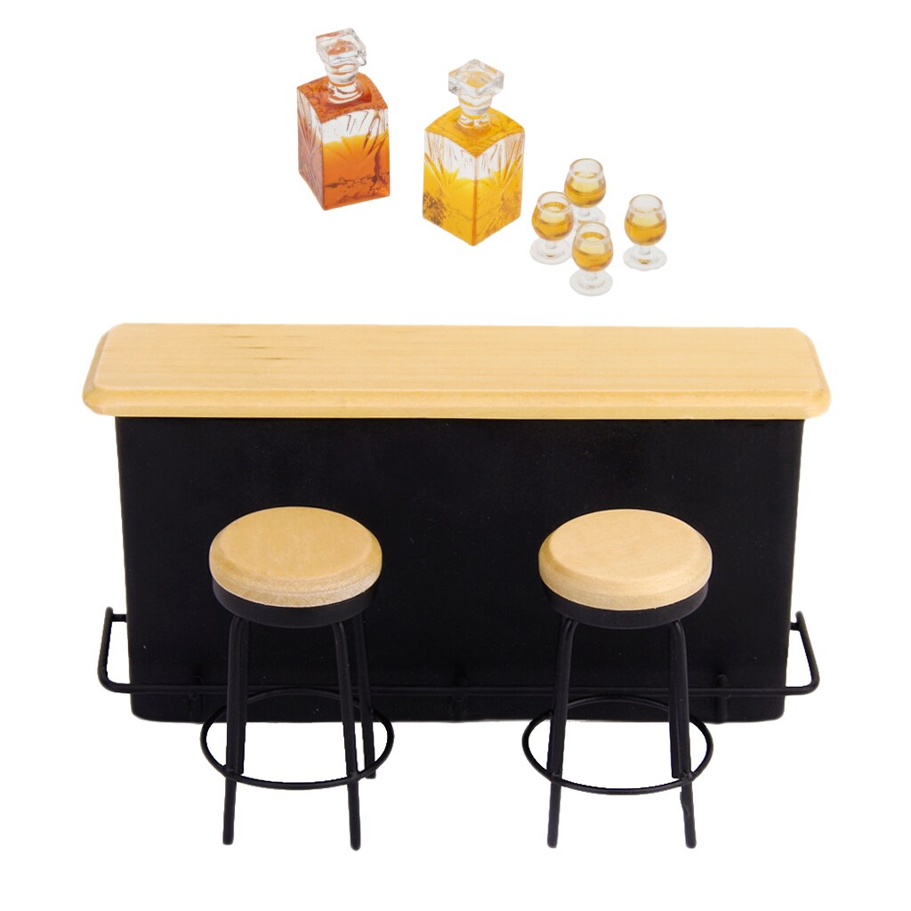 1:12 Mini Pub Bar Cabinet Stool Whiskey Wine Bottle Glass Cup Furniture Supplies