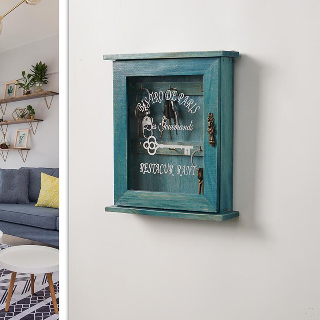 Pastoral Style Key Cabinet Wooden Key Holder Box Wall Mounted Decorative Key Rack with 6 Hooks for Home Office 21x6x25cm.