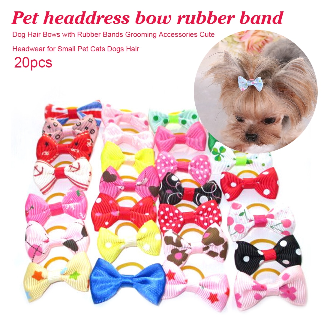 Mix Kleuren 20Pcs Leuke Lint Pet Grooming Accessoires Handgemaakte Kleine Hond Kat Haarelastiekjes Met Elastische Rubberen Band