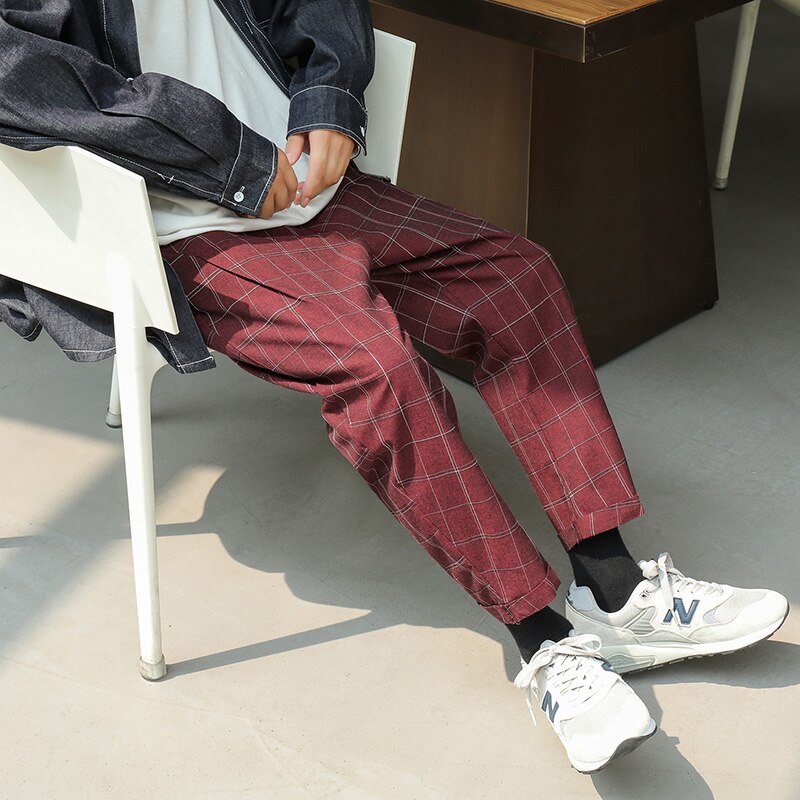Efterår casual bukser herre vintage bomuld plaid bukser ankel længde vasket snor ternede harem bukser mandlige: Xxxl / Burgunder