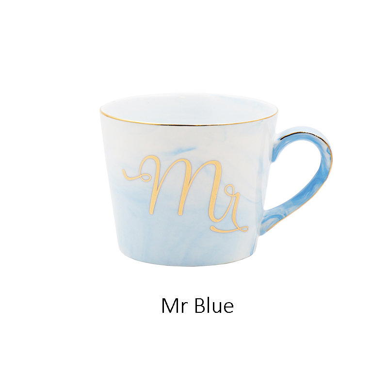 Pintado a mano del Monograma de Oro Natural De Mármol Señor y La Señora Del Té taza de Leche Taza Creativa Taza de Café de Porcelana Del Aniversario de Boda: Mr Blue