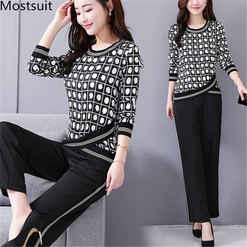 M-5x Autumn Black Printed Two Piece Sets Women Plus Size Long Sleeve Tops And Pants Suits Korean Office 2 Piece Sets