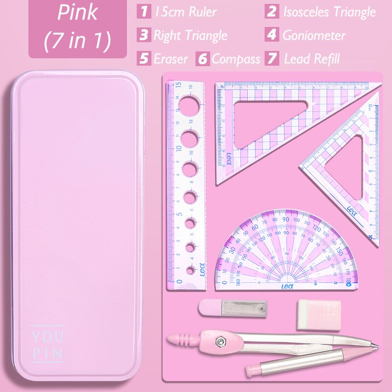 7 in 1 Compass Ruler Sets Drawing Tools Painting Suit Mathematical Children Durable Practical Compass Student Stationery: Pink 7 in 1