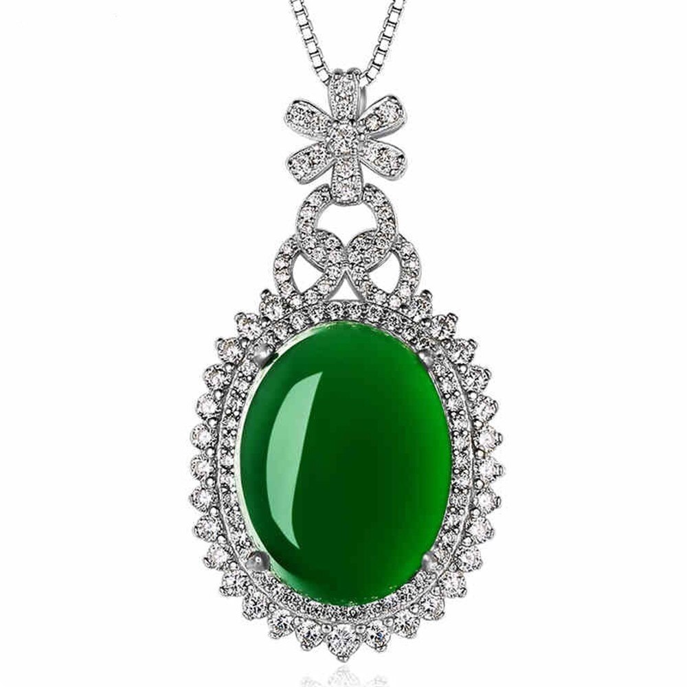 Luxury green jade pendant necklace for women, emerald gemstone, zircon, diamond, white gold, silver color, party jewelry