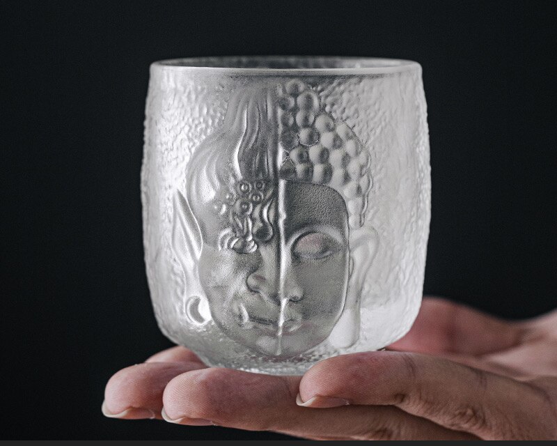 Vaso de cristal con relieve 3D de diablo o Buda Zen Budista, vaso de Sake con piedra Azure para la religión, copa de vino, licor, Vodka, Whisky, taza de té: Matte